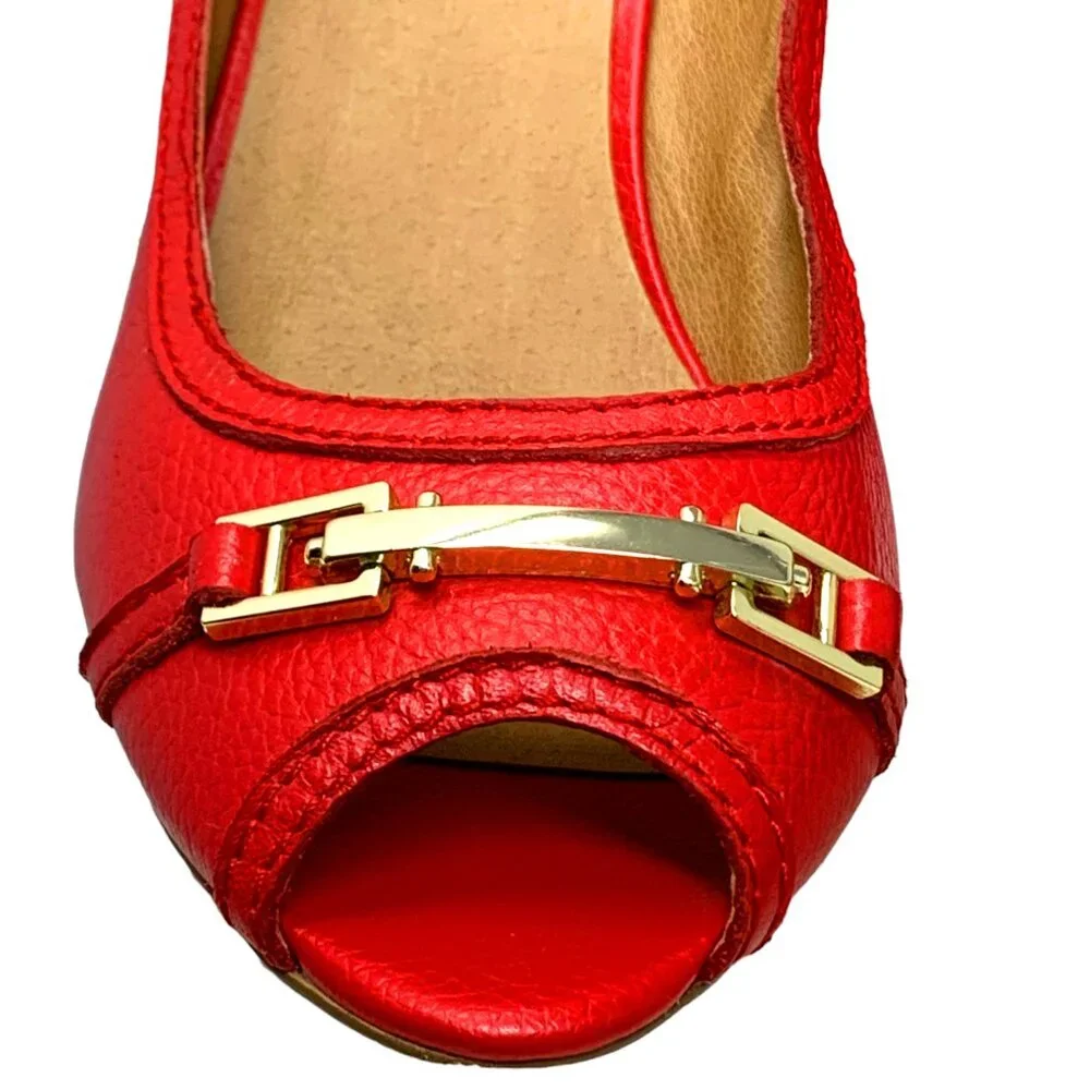 Saks Fifth Avenue‎ Coral Leather Horse Bit Peep Toe Wedge Pump